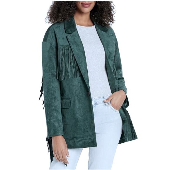 BLANK NYC Hunter Green Faux Suede Fringe Blazer Size L - Picture 8 of 10